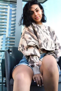 Rebellious Fashion Beige Cropped Batwing Camo Jumper - Lizy