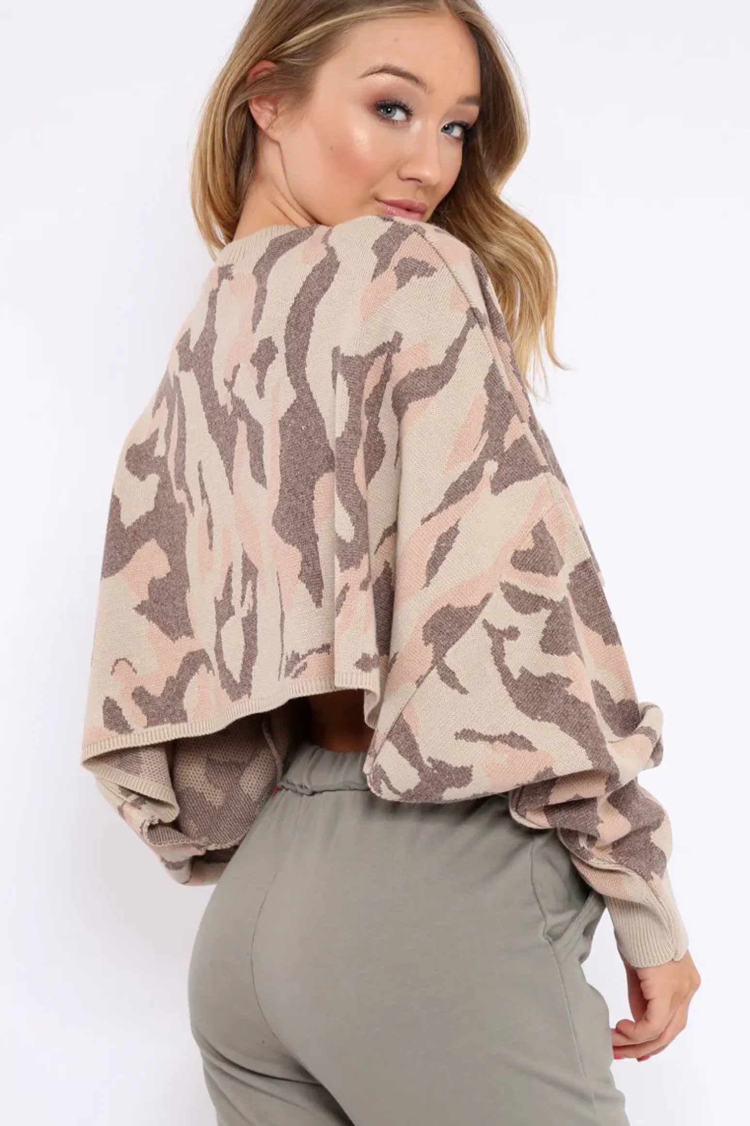 Rebellious Fashion Beige Cropped Batwing Camo Jumper - Lizy