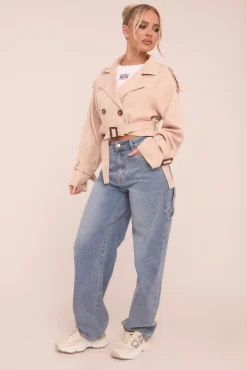 Rebellious Fashion Beige Cropped Belted Trench Coat - Naomi