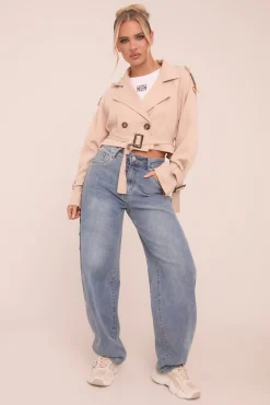 Rebellious Fashion Beige Cropped Belted Trench Coat - Naomi