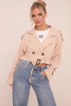 Rebellious Fashion Beige Cropped Belted Trench Coat - Naomi