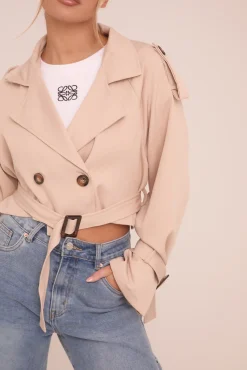 Rebellious Fashion Beige Cropped Belted Trench Coat - Naomi