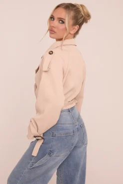 Rebellious Fashion Beige Cropped Belted Trench Coat - Naomi