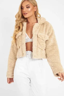 Rebellious Fashion Beige Cropped Borg Popper Button Coat - Ezmerelda