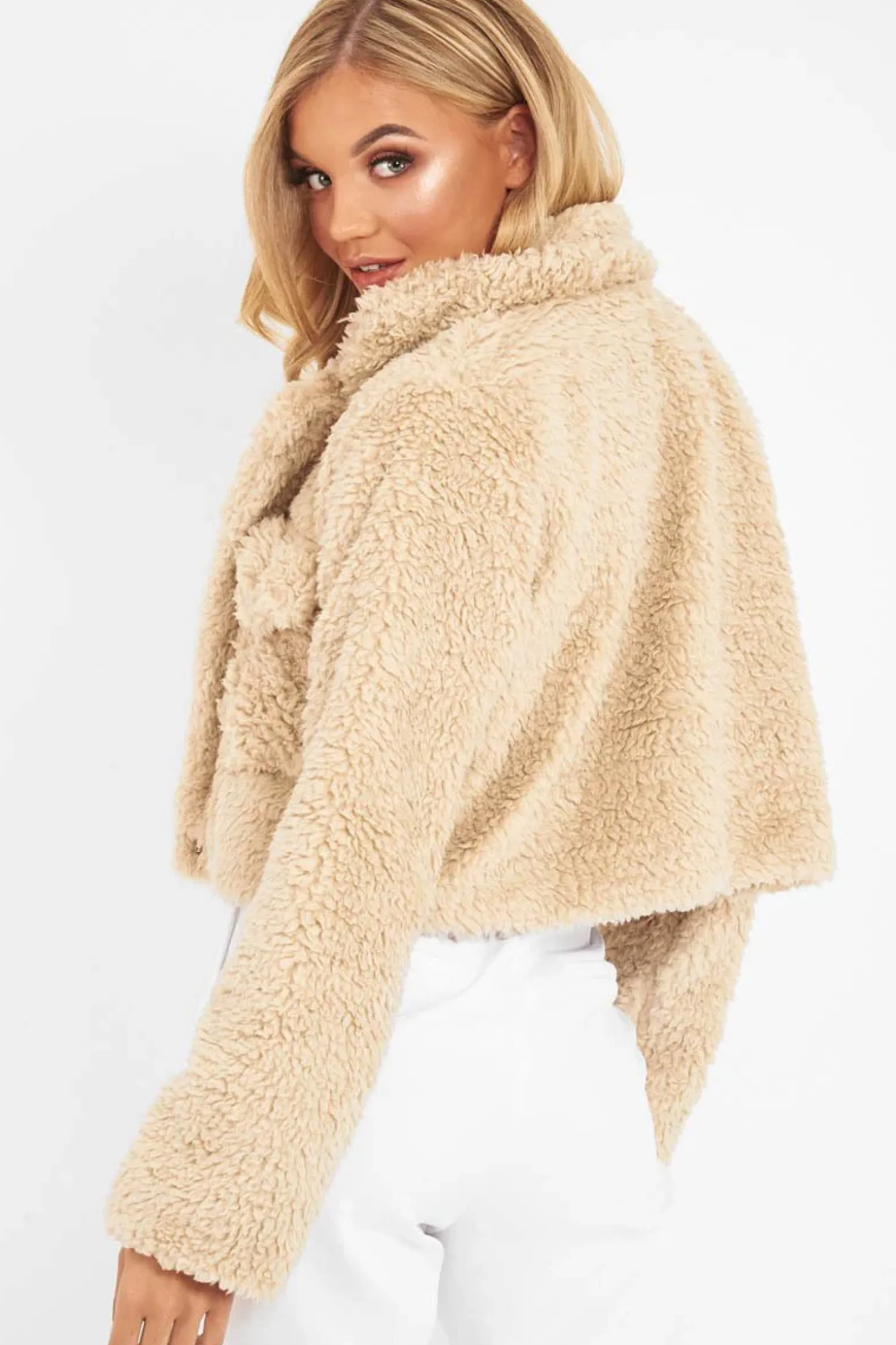 Rebellious Fashion Beige Cropped Borg Popper Button Coat - Ezmerelda