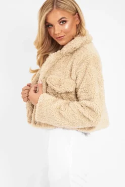 Rebellious Fashion Beige Cropped Borg Popper Button Coat - Ezmerelda