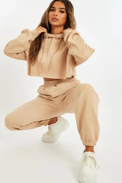Rebellious Fashion Beige Cropped Oversized Hoodie and Joggers Co-ord - Karenza