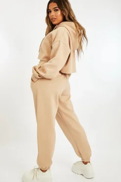 Rebellious Fashion Beige Cropped Oversized Hoodie and Joggers Co-ord - Karenza