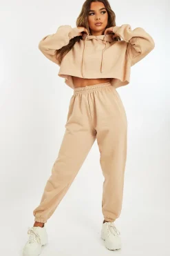 Rebellious Fashion Beige Cropped Oversized Hoodie and Joggers Co-ord - Karenza