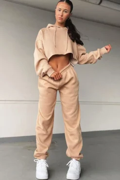 Rebellious Fashion Beige Cropped Oversized Hoodie and Joggers Co-ord - Karenza