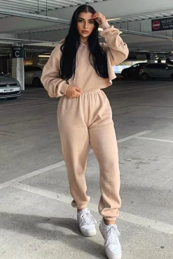 Rebellious Fashion Beige Cropped Oversized Hoodie and Joggers Co-ord - Karenza