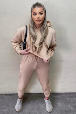 Rebellious Fashion Beige Cropped Oversized Hoodie and Joggers Co-ord - Karenza