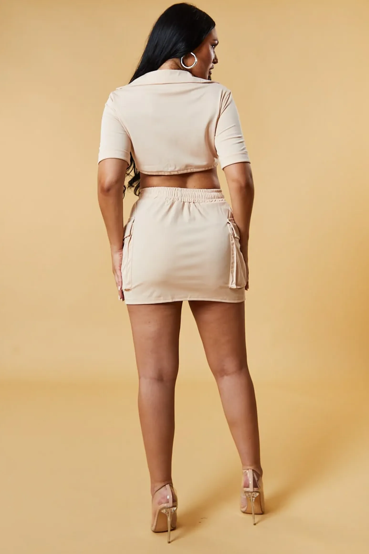 Rebellious Fashion Beige Cropped Top & Cargo Skirt Co-ord Set - Rose