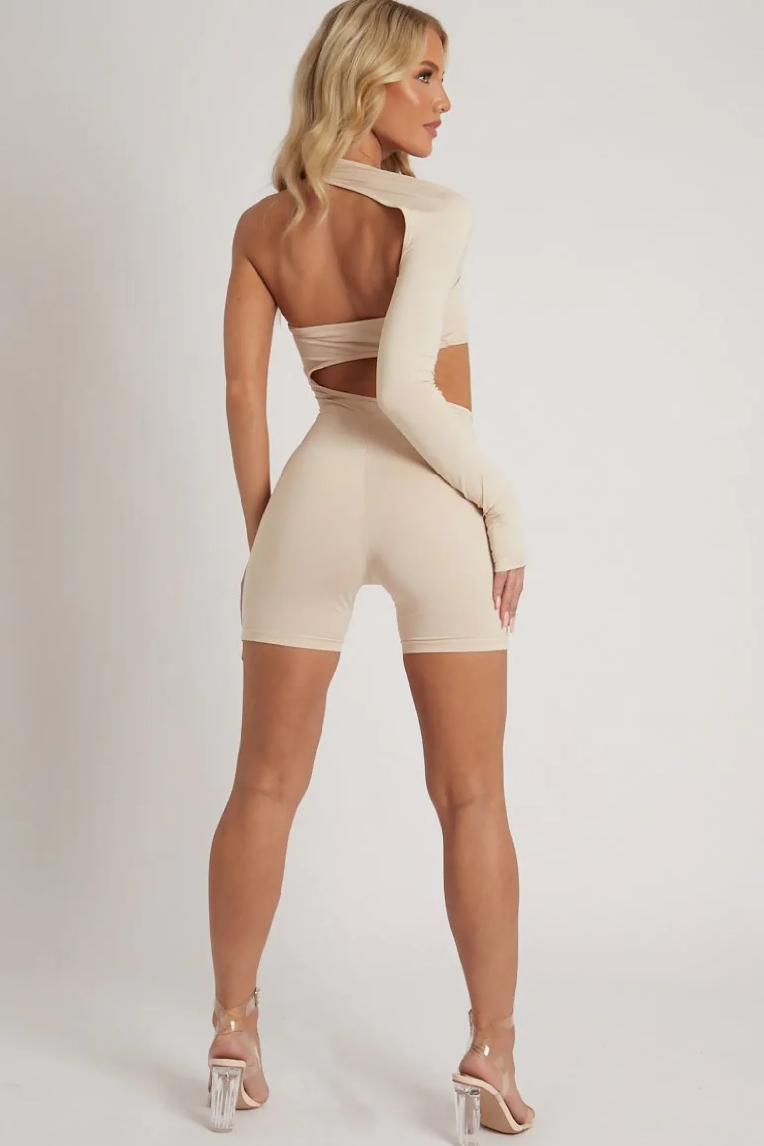 Rebellious Fashion Beige Cut Out One Sleeve Playsuit - River