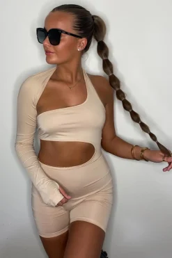 Rebellious Fashion Beige Cut Out One Sleeve Playsuit - River