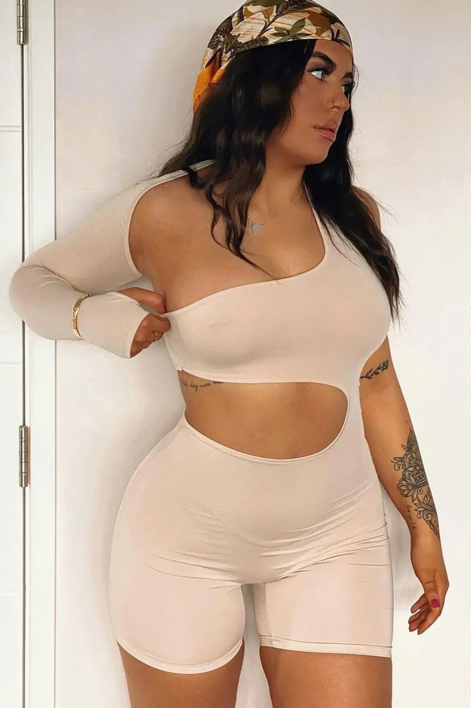 Rebellious Fashion Beige Cut Out One Sleeve Playsuit - River