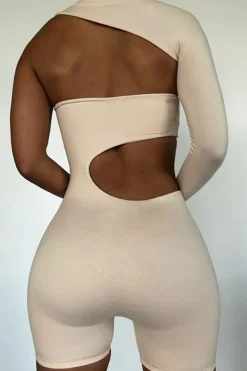Rebellious Fashion Beige Cut Out One Sleeve Playsuit - River