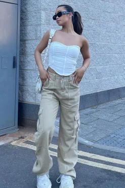 Rebellious Fashion Beige Denim Contrast Stitch Cargo Trousers - Kate