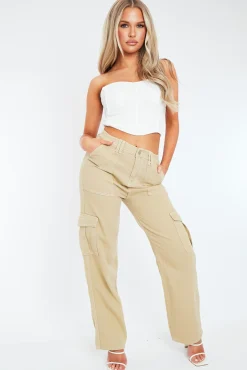 Rebellious Fashion Beige Denim Contrast Stitch Cargo Trousers - Kate
