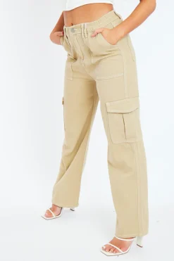 Rebellious Fashion Beige Denim Contrast Stitch Cargo Trousers - Kate