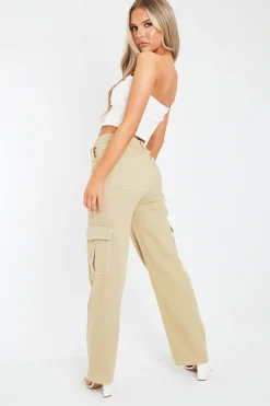 Rebellious Fashion Beige Denim Contrast Stitch Cargo Trousers - Kate