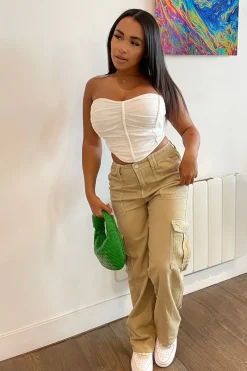 Rebellious Fashion Beige Denim Contrast Stitch Cargo Trousers - Kate