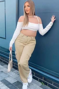 Rebellious Fashion Beige Denim Contrast Stitch Cargo Trousers - Kate