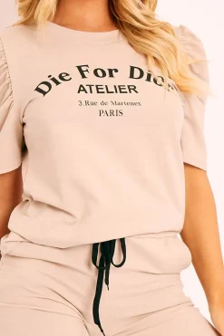 Rebellious Fashion Beige Die For Dior T-shirt and Shorts Loungewear Co-ord - Kaelie
