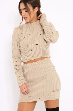 Rebellious Fashion Beige Distressed Cable Knit Co-ord - Dayla