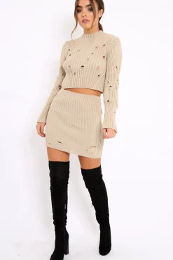 Rebellious Fashion Beige Distressed Cable Knit Co-ord - Dayla