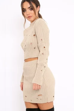 Rebellious Fashion Beige Distressed Cable Knit Co-ord - Dayla