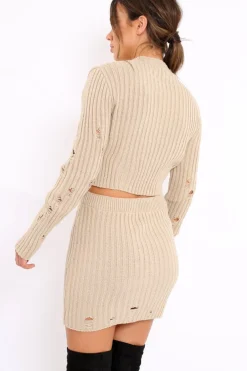 Rebellious Fashion Beige Distressed Cable Knit Co-ord - Dayla