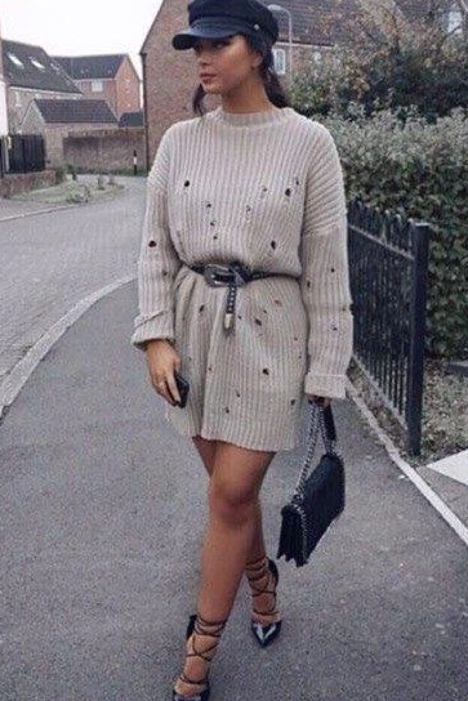 Rebellious Fashion Beige Distressed Cable Knit Jumper Dress - Abea