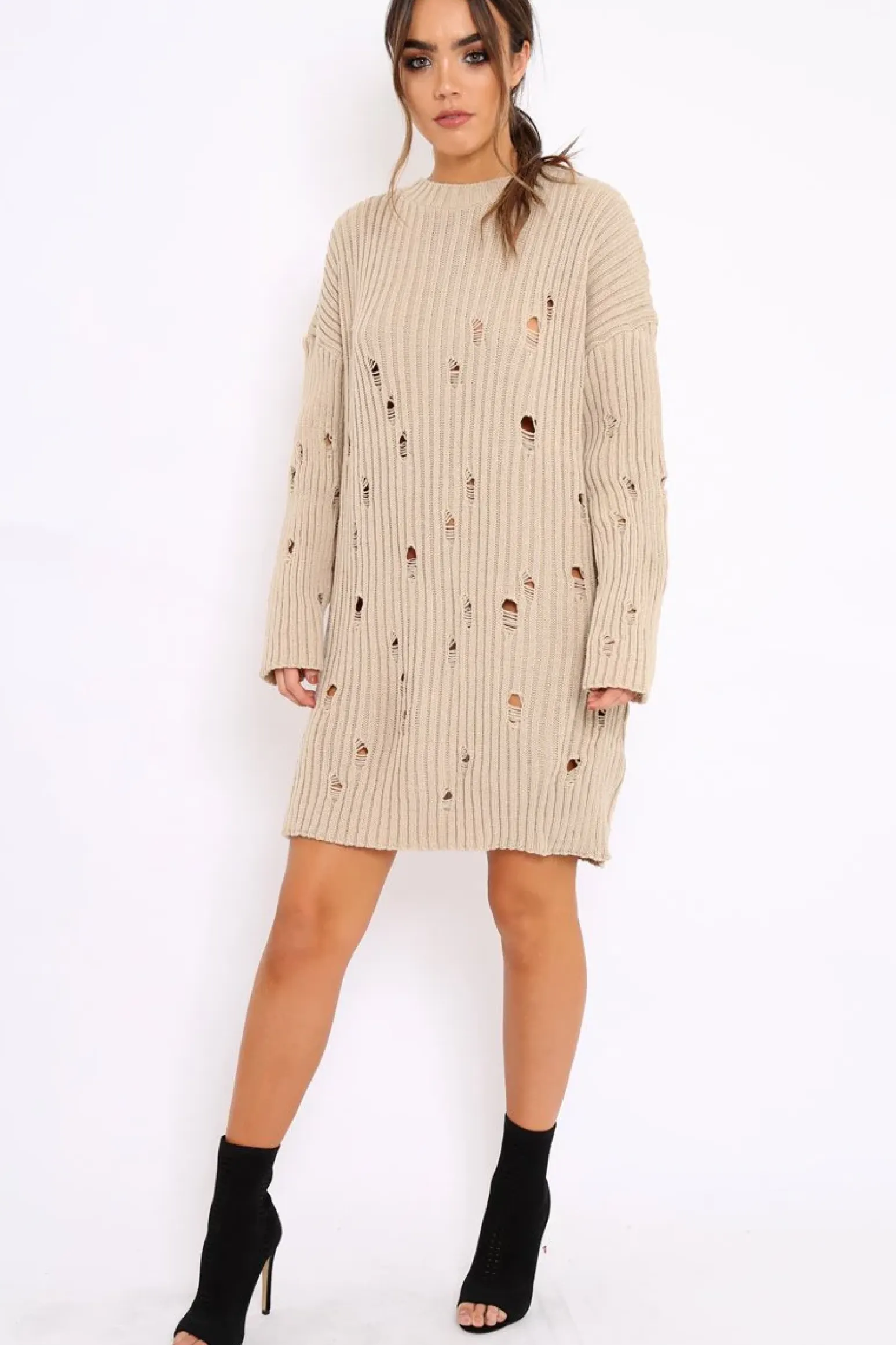 Rebellious Fashion Beige Distressed Cable Knit Jumper Dress - Abea