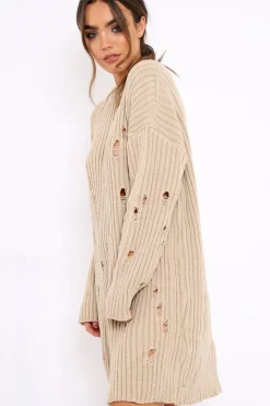 Rebellious Fashion Beige Distressed Cable Knit Jumper Dress - Abea