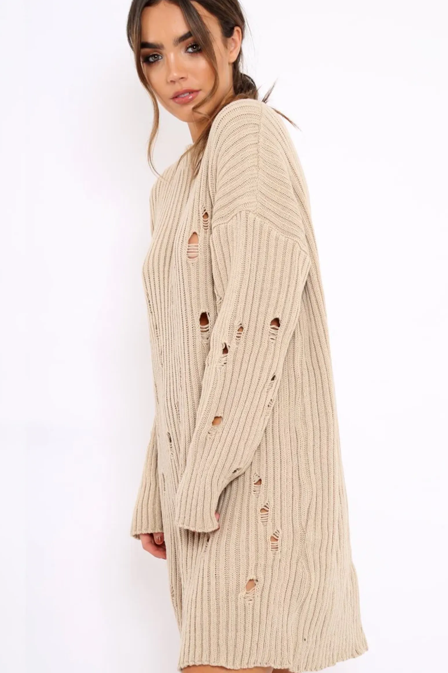 Rebellious Fashion Beige Distressed Cable Knit Jumper Dress - Abea