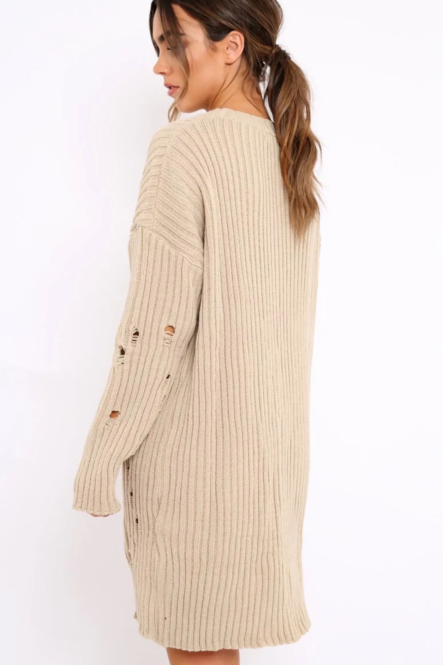 Rebellious Fashion Beige Distressed Cable Knit Jumper Dress - Abea