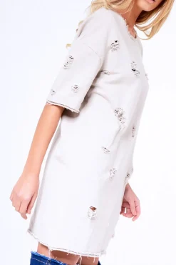 Rebellious Fashion Beige Distressed Detail Short Sleeved Jumper Dress - Cammie