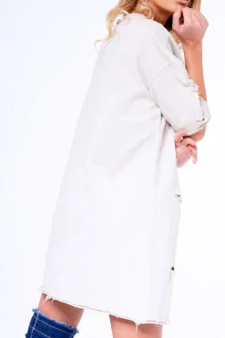 Rebellious Fashion Beige Distressed Detail Short Sleeved Jumper Dress - Cammie