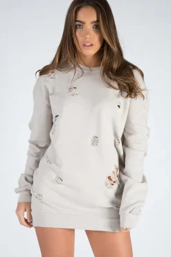 Rebellious Fashion Beige Distressed Detail Sweatshirt Jumper Dress - Ivy