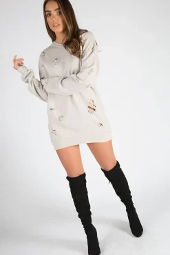Rebellious Fashion Beige Distressed Detail Sweatshirt Jumper Dress - Ivy