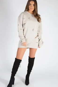 Rebellious Fashion Beige Distressed Detail Sweatshirt Jumper Dress - Ivy