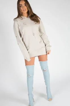 Rebellious Fashion Beige Distressed Oversized Hoodie - Khloe