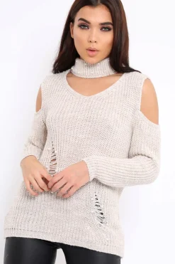 Rebellious Fashion Beige Distressed Pearl Chunky Knit Jumper - Narla
