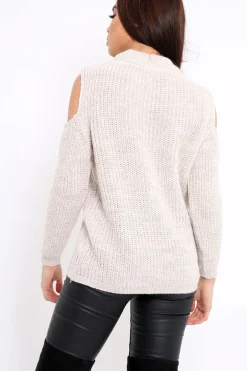 Rebellious Fashion Beige Distressed Pearl Chunky Knit Jumper - Narla