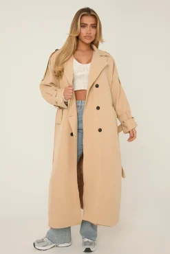 Rebellious Fashion Beige Double Breasted Tie Sleeve Longline Oversized Trench Coat - Annmarie