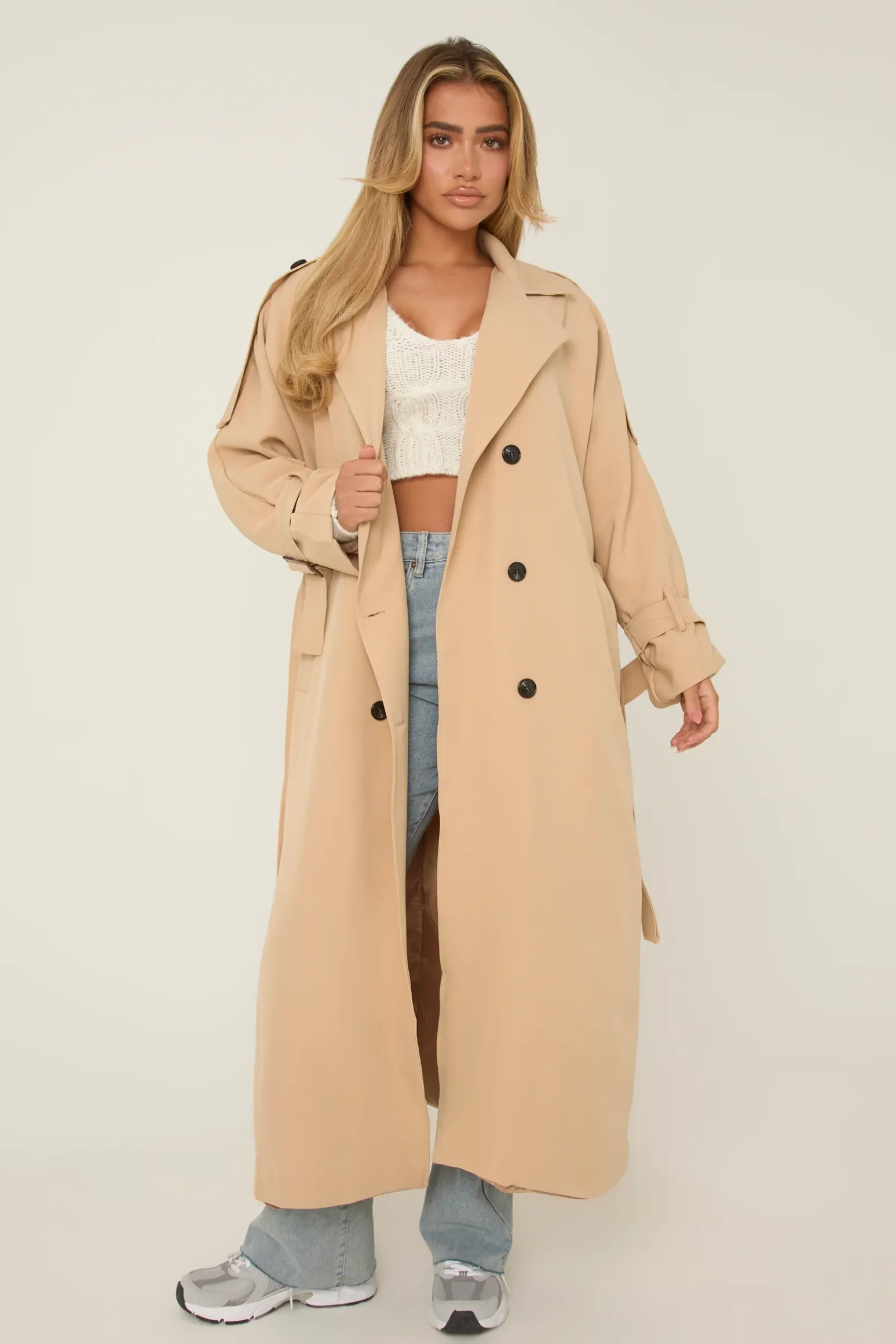 Rebellious Fashion Beige Double Breasted Tie Sleeve Longline Oversized Trench Coat - Annmarie