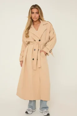 Rebellious Fashion Beige Double Breasted Tie Sleeve Longline Oversized Trench Coat - Annmarie