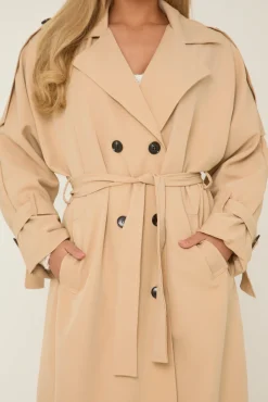 Rebellious Fashion Beige Double Breasted Tie Sleeve Longline Oversized Trench Coat - Annmarie