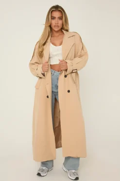 Rebellious Fashion Beige Double Breasted Tie Sleeve Longline Oversized Trench Coat - Annmarie